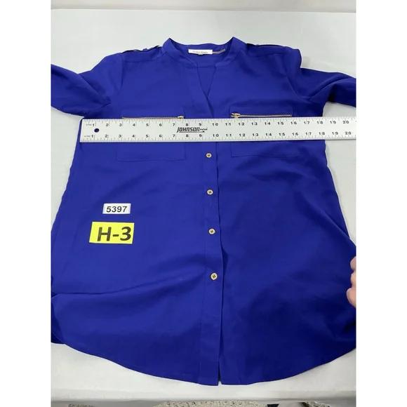 Womans Calvin Klein Button Down Blouse XS Blue Adjustable Sleeves Zip Accent - Picture 5 of 8